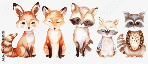 Heartwarming collection of watercolor baby animals clipart, showcasing the innocence of a fox, deer, raccoon, and owl, each radiant with life, against white.