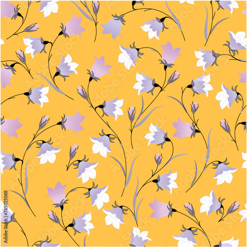 Abstract drawn flowers on yellow background. Seamless vector drawing. Vintage print with small bells. Retro textile collection.