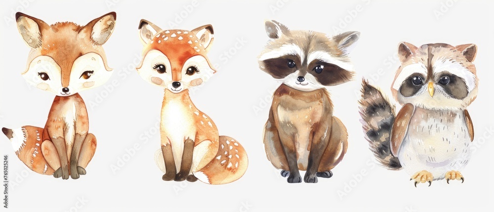 Fototapeta premium Dreamy watercolor clipart collection, picturing a fluffy baby fox, a soft-spotted deer, a clever raccoon, and a twinkling-eyed owl, each set against white.