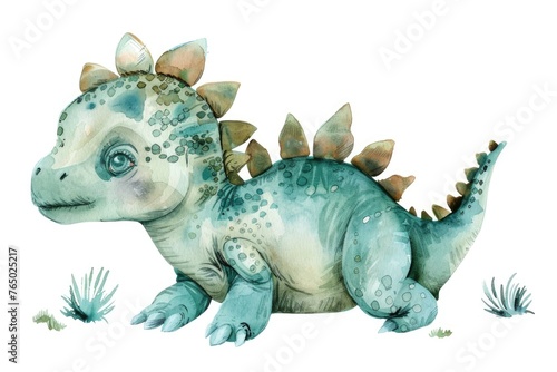 Curious baby Stegosaurus  captured in watercolor clipart  with detailed scales and a sweet expression  presented solo on a white background.