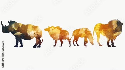 Dreamy safari wildlife set in watercolor clipart  featuring the unique silhouettes of a rhino  an ostrich  a lioness  and a hyena  each artistically rendered against a clean white background.