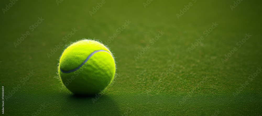 Tennis ball with felt exterior lies on court grass surface closeup. Classic fluorescent yellow ball for tennis awaits upcoming game session