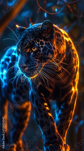 Panther with electric energy coat, poised to leap, nightfall, side view © Premyuda