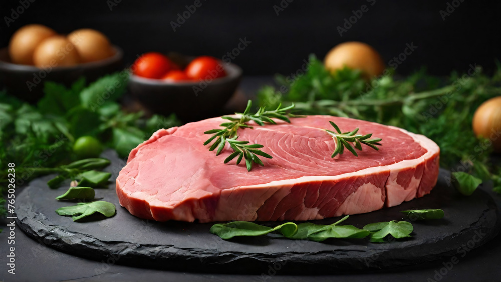 Raw pork steak with ingredients for cooking on a black slate board.