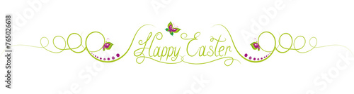 Happy Easter lettering text and flowers isolated on white background.