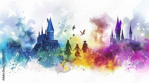Enchanting back to school: creepy poster banner for magic academy in watercolor style on white background