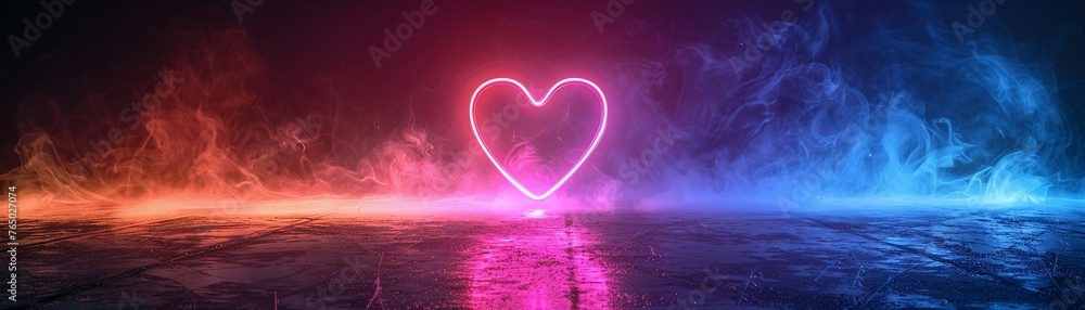 Pulse of neon light in heart shape, side view, high contrast, cold tones