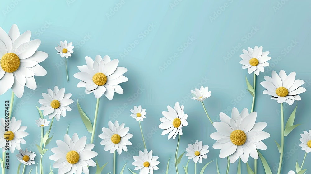 Fototapeta premium 3D Paper Craft Chamomile Flowers on Blue Background Wallpaper. Copy Space for Happy Mother's Day, Women's Day, Wedding, Anniversary, Banner, or Poster