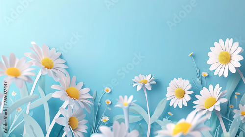 3D Paper Craft Chamomile Flowers on Blue Background Wallpaper. Copy Space for Happy Mother's Day, Women's Day, Wedding, Anniversary, Banner, or Poster