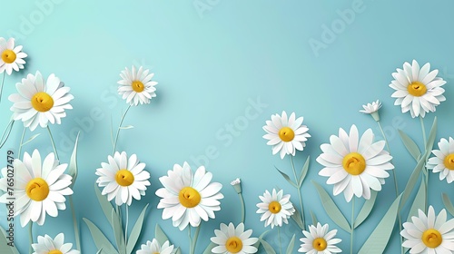 3D Paper Craft Chamomile Flowers on Blue Background Wallpaper. Copy Space for Happy Mother's Day, Women's Day, Wedding, Anniversary, Banner, or Poster