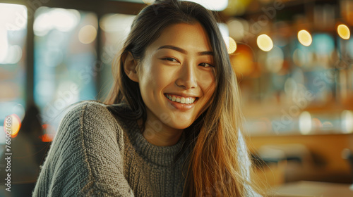 Joyful young woman with a bright smile, radiating positivity in a cozy cafe setting.