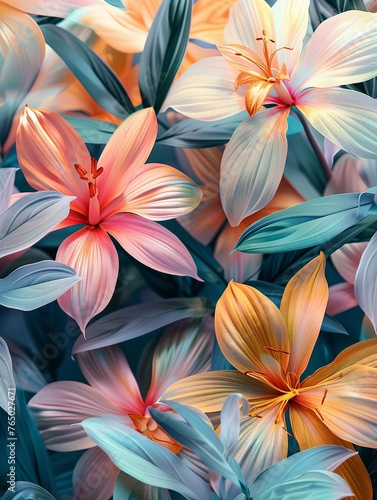 Seamless pattern of pastel tropical flora  birdseye  soft focus  ethereal ambiance