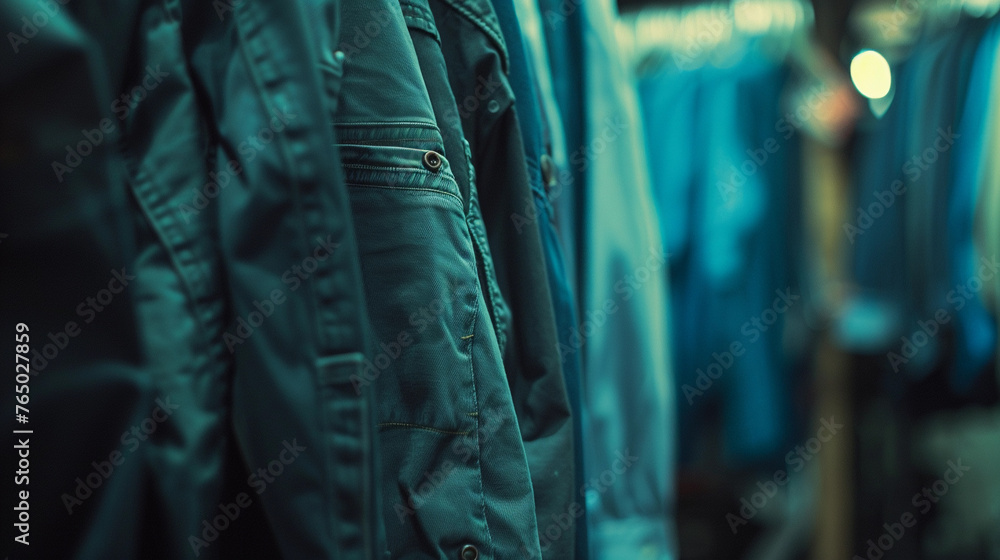 close up portrait of male jeans trousers hanging on clothing rack at textile store - obrazy, fototapety, plakaty 