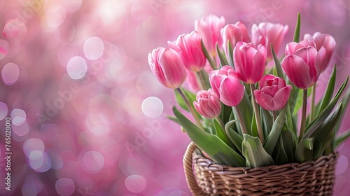 Bouquet of Pink Tulip Flowers in a Woven Wicker Basket on a Table with a Blurred Bokeh Background with Copy Space © RBGallery