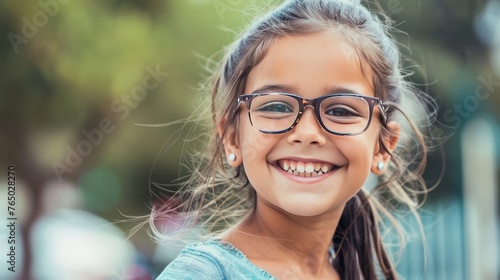 A young girl wearing glasses is smiling and looking at the camera
