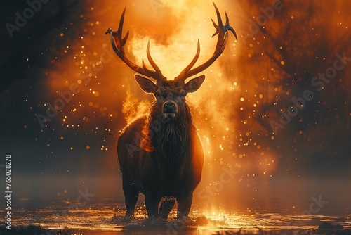 Stag with radiant antlers, ready stance, early morning mist, straighton, ethereal glow photo