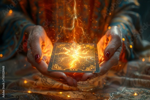 Tarot card with lightning symbol, wizards hands, closeup, dim light, warm hues