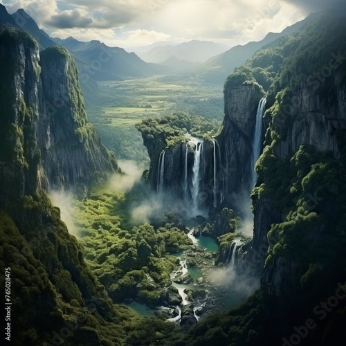 A big Waterfall coming down from a Green Mountain  A picture from Birds eyes