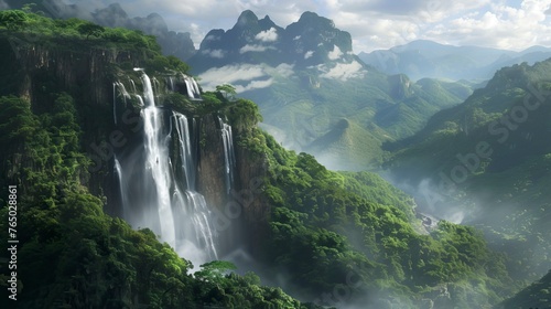 A big Waterfall coming down from a Green Mountain, A picture from Birds eyes © CREATIVE STOCK