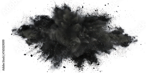 Black charcoal dust, gunpowder, with effect fragments explosion isolated on transparent png. 