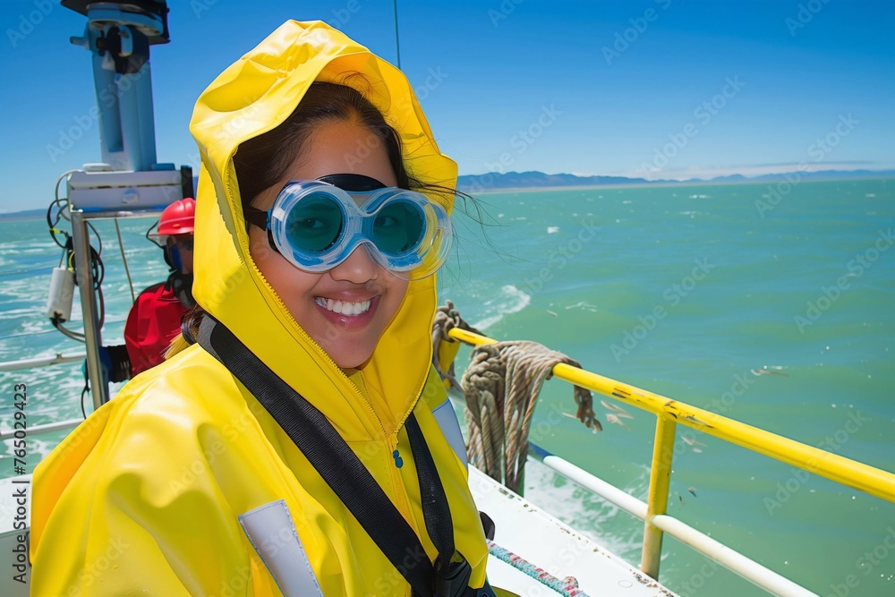 Smiling Asian Woman in Yellow Raincoat on Boat