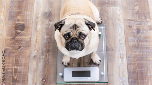 Pug Dog Looking Up While on Glass Weight Scale © ALLAI