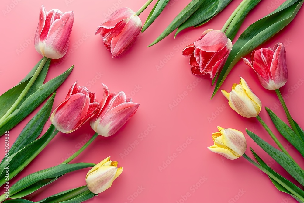 Beautiful Tulips on Pink Background with Copy Space, Top View. Perfect for Woman's Day Banner, Mother's Day, Greetings Card Background Beautiful Tulips on Pink Background with Copy Space, Top View. Perfect for Woman's Day Banner, Mother's Day, Greetings Card Background