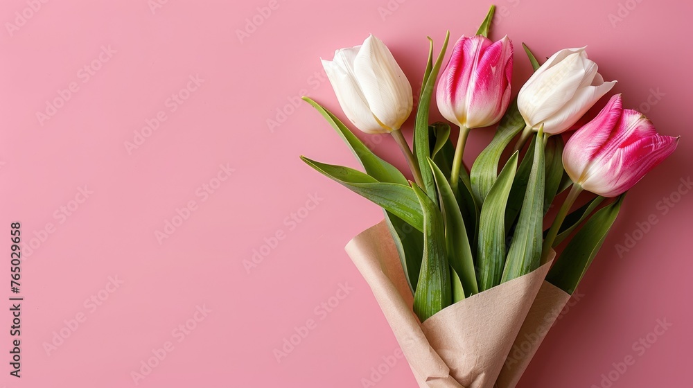 Fototapeta premium Bouquet of White and Pink Tulip Flowers Wrapped in Aesthetic Craft Paper on Pink Background, Copy Space Concept. Flat Lay, View from Above