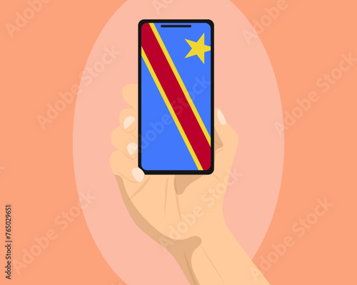 Congo Democratic Republic flag on mobile phone screen, holding smartphone, advertising social media or banner concept