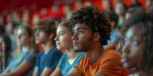 Students from various backgrounds engaged in a lecture in a university classroom. Concept University Lecture, Diverse Students, Classroom Setting, Educational Environment