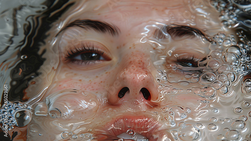Close-up of a woman's face submerged in clear water, creating an abstract and artistic texture with bubbles.