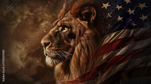 Lion wearing American flag. symbol of 4th July, Independence Day, american flag, memorial day, american democracy, usa patriotism, Ai generated image