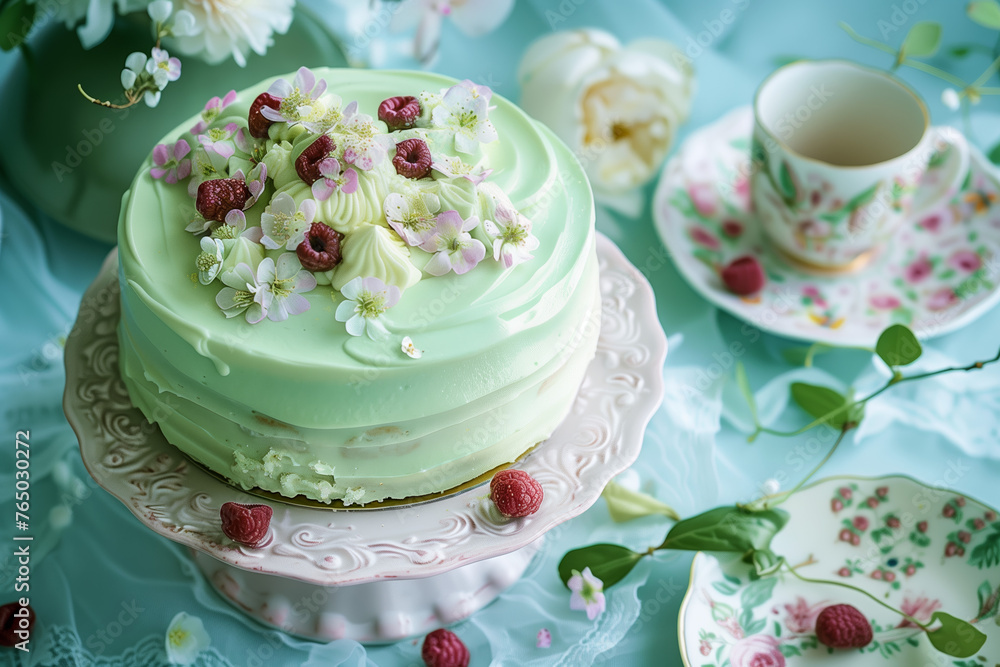 Classic frosted pistache cake, luxury set table Classic frosted pistache cake, luxury set table