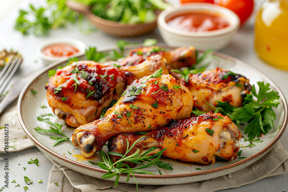Roasted chicken drumsticks with hot sauce on a classic porcelain plate Roasted chicken drumsticks with hot sauce on a classic porcelain plate
