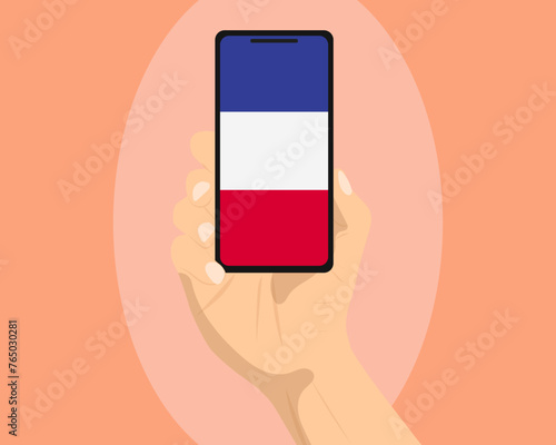 France flag on mobile phone screen, holding smartphone, advertising social media or banner concept