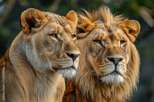 Powerful African lion couple. Pair of wildlife pride predator animals. Generate ai