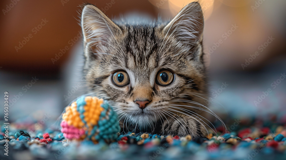 Tabby kitten with wide eyes lying next to a colorful ball on a textured rug. Tabby kitten with wide eyes lying next to a colorful ball on a textured rug.