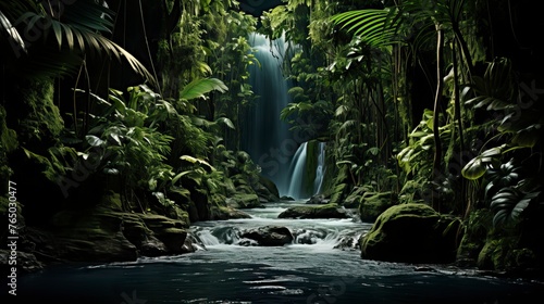 A lush tropical rainforest with a cascading waterfall © CREATIVE STOCK