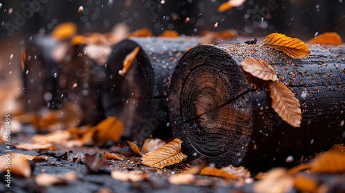Autumn leaves on wet wooden logs with raindrops, shallow depth of field.