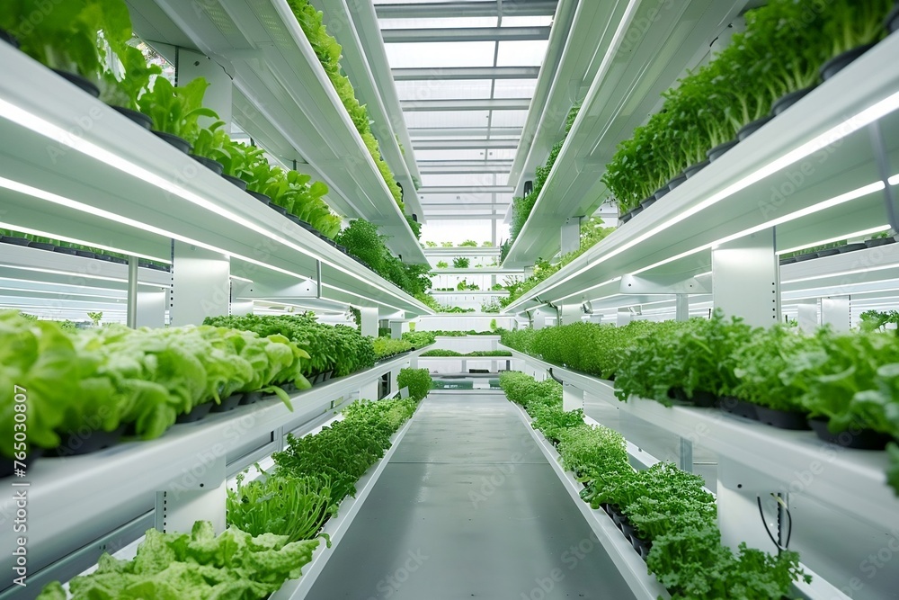 Rows of plants on a vertical farm. Vertical farming and agriculture concept. Industrial design view for poster, banner, presentation, ad Rows of plants on a vertical farm. Vertical farming and agriculture concept. Industrial design view for poster, banner, presentation, ad