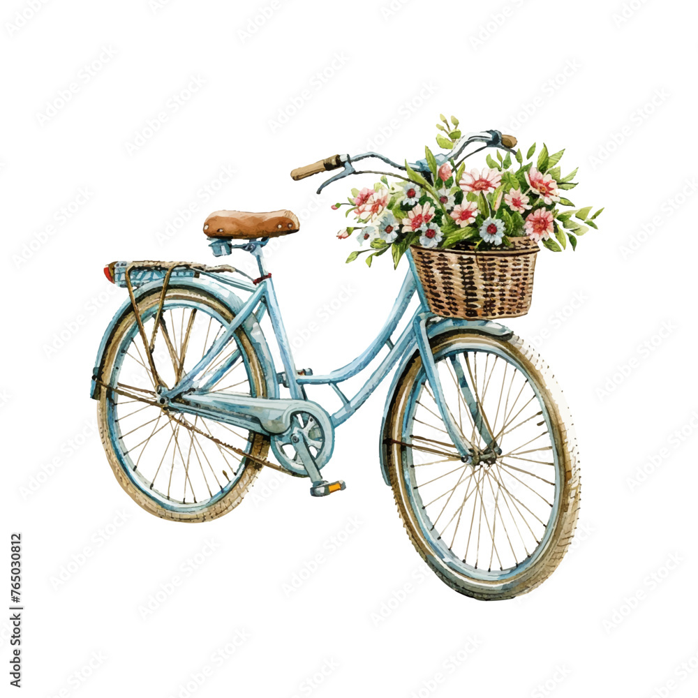 bike with basket full of flowers vector illustration in watercolour style