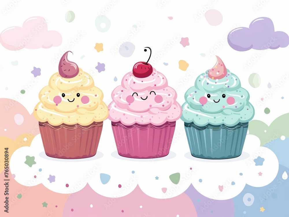 Three cupcakes with cherries on top and smiling faces. The cupcakes are on a white background with a colorful cloud in the background Three cupcakes with cherries on top and smiling faces. The cupcakes are on a white background with a colorful cloud in the background