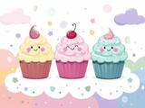 Three cupcakes with cherries on top and smiling faces. The cupcakes are on a white background with a colorful cloud in the background