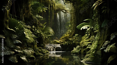 A lush tropical rainforest with a cascading waterfall