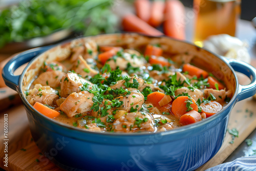 Chicken fricassee with spring vegetables photo