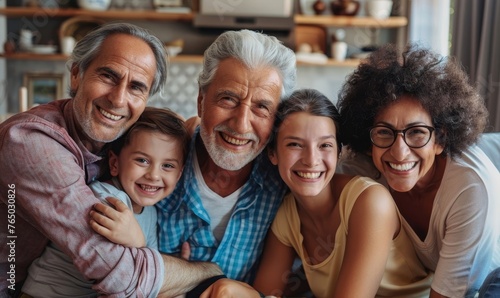 Portrait of a happy multigenerational multiethnic family at home, Generative AI