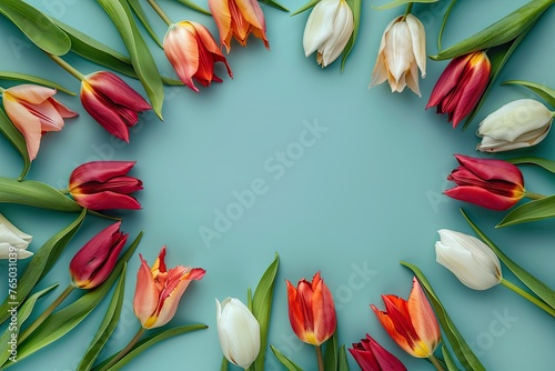 Colorful Tulip Flowers Frame on Blue Background, Circle Border Top View. Perfect for Woman's Day Banner, Mother's Day, Greetings Card Background