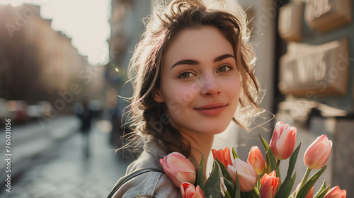 portrait of a girl with a bouquet of flowers tulips #765031056