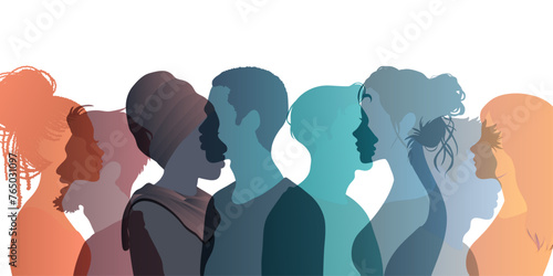Group Multicultural silhouette people side-view. Community of colleagues or collaborators. Bargain agreement or pact concept. Co-workers. Harmony. Diversity equality inclusion. Banner © melita