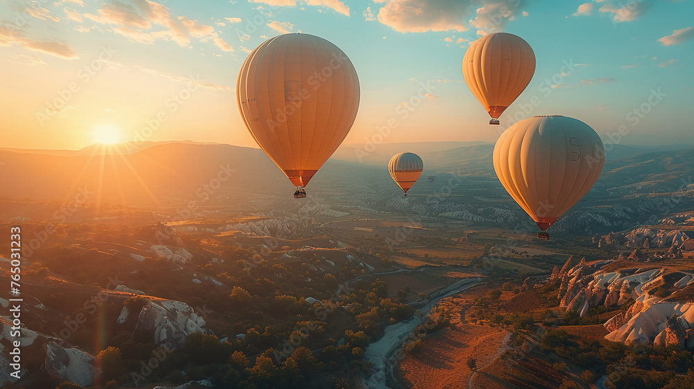 balloons take off in the valley, gradient, white and light turquoise. AI generative balloons take off in the valley, gradient, white and light turquoise. AI generative